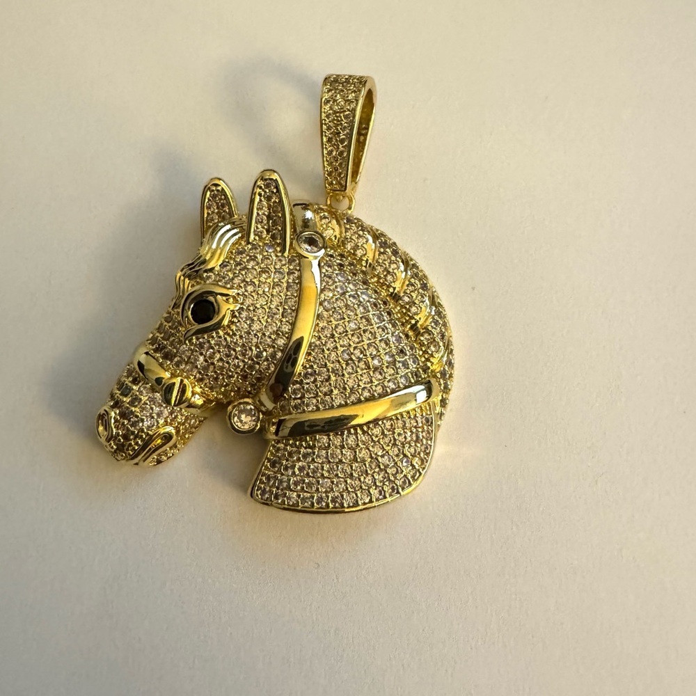 Gold Horse Head Pendant with CZ Crystals